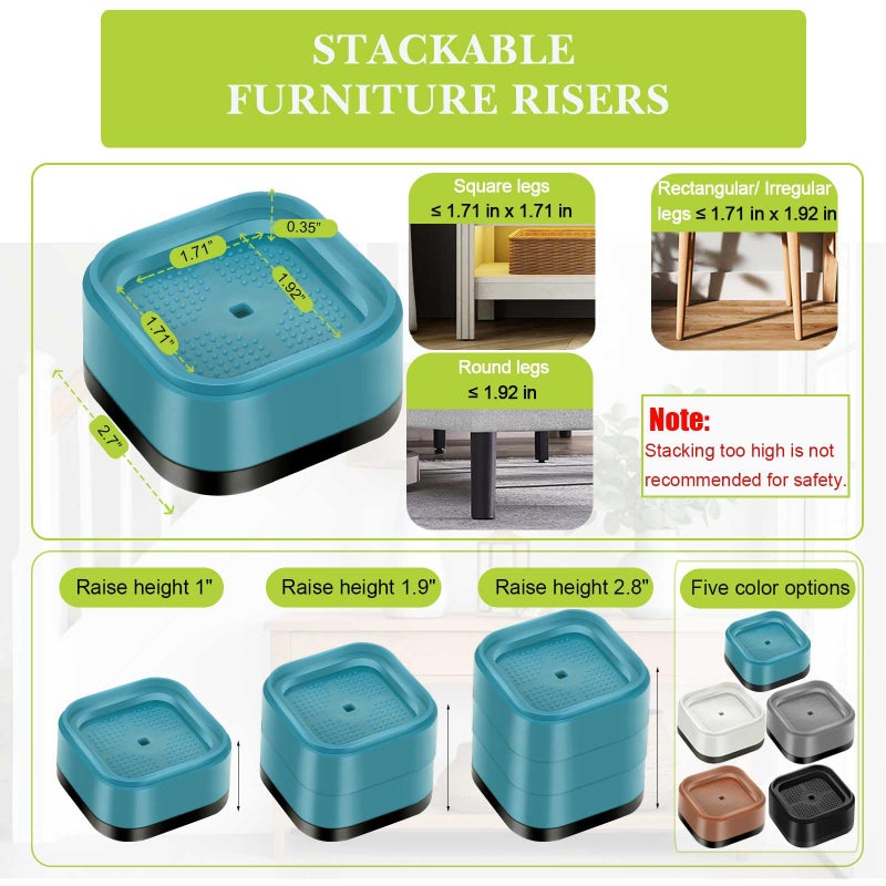 Yookwutar 4 Pack Furniture Risers 1 Inch, Adjustable Bed Risers Heavy Duty for Table Desk Couch Chair Sofa Cabinet Bed Legs Dorm, Square Stackable Bed Raisers Blocks Lift Height 1"", 2"" or 3"", Blue - Image 2
